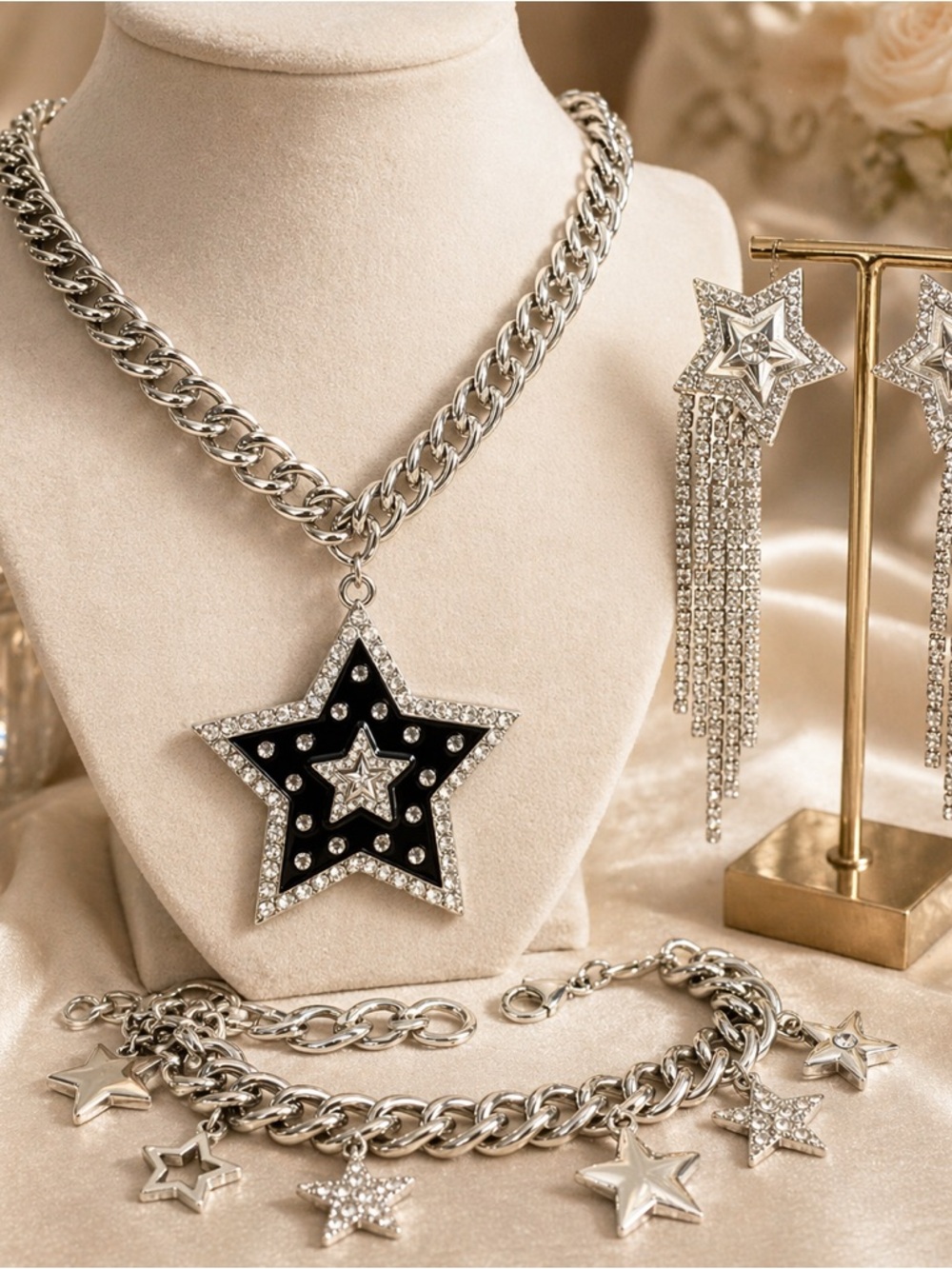 Silver Tone Star Necklace Bracelet Earring Set Rhinestone